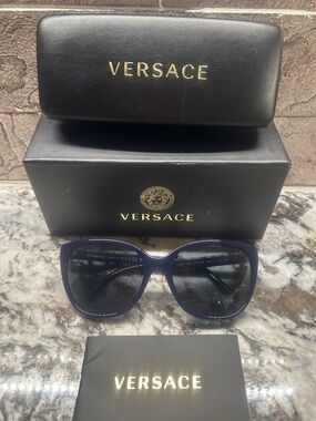 Versace Navy Blue Women's Sunglasses with Silver Medallion Accents NWT